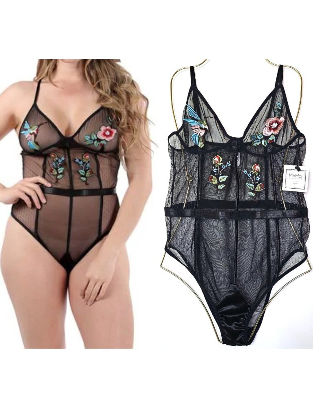 NWT MeMoi Embroidered Hummingbird Floral Stretch Mesh Teddy Bodysuit XL Limo Blk